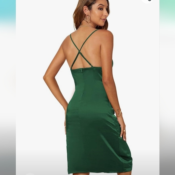 Sexy  Spaghetti Straps Side Slit Satin Dress Cowl Neck SZ M green‎ - Picture 2 of 5